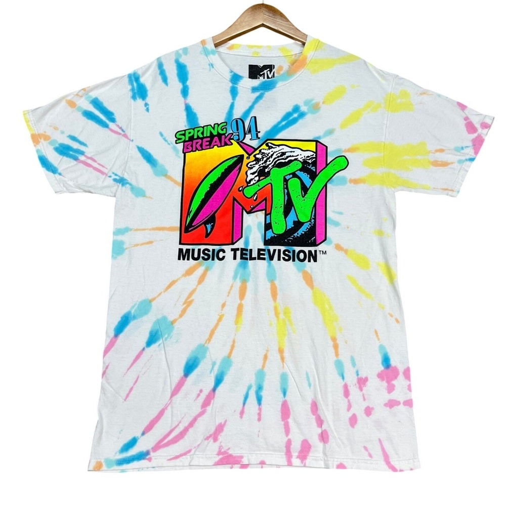 MTV T-Shirt Mens Medium White Tie Dye Short Sleeve Spring Break 94 Graphic Retro